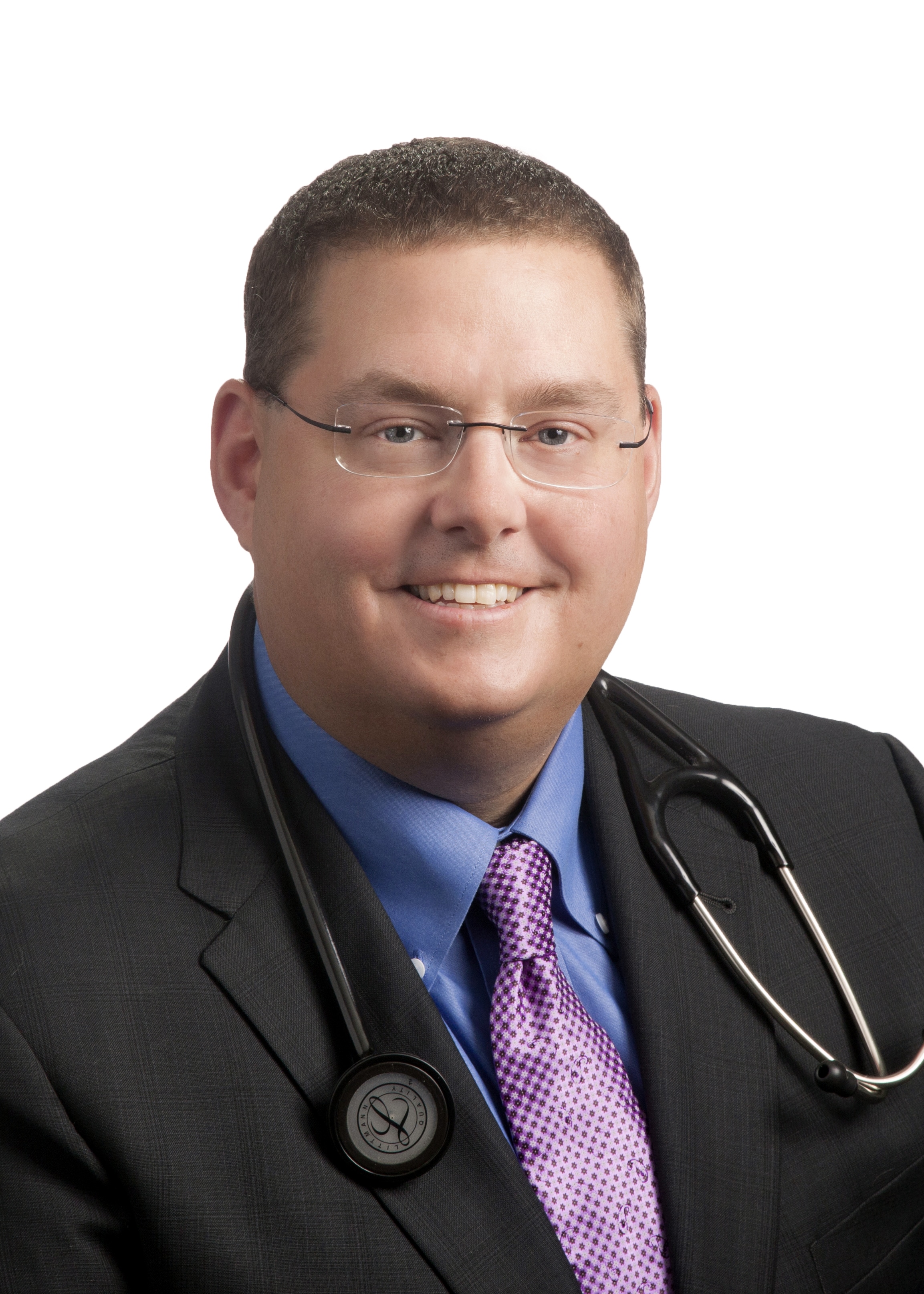 Doctor headshot with stethoscope on a white background