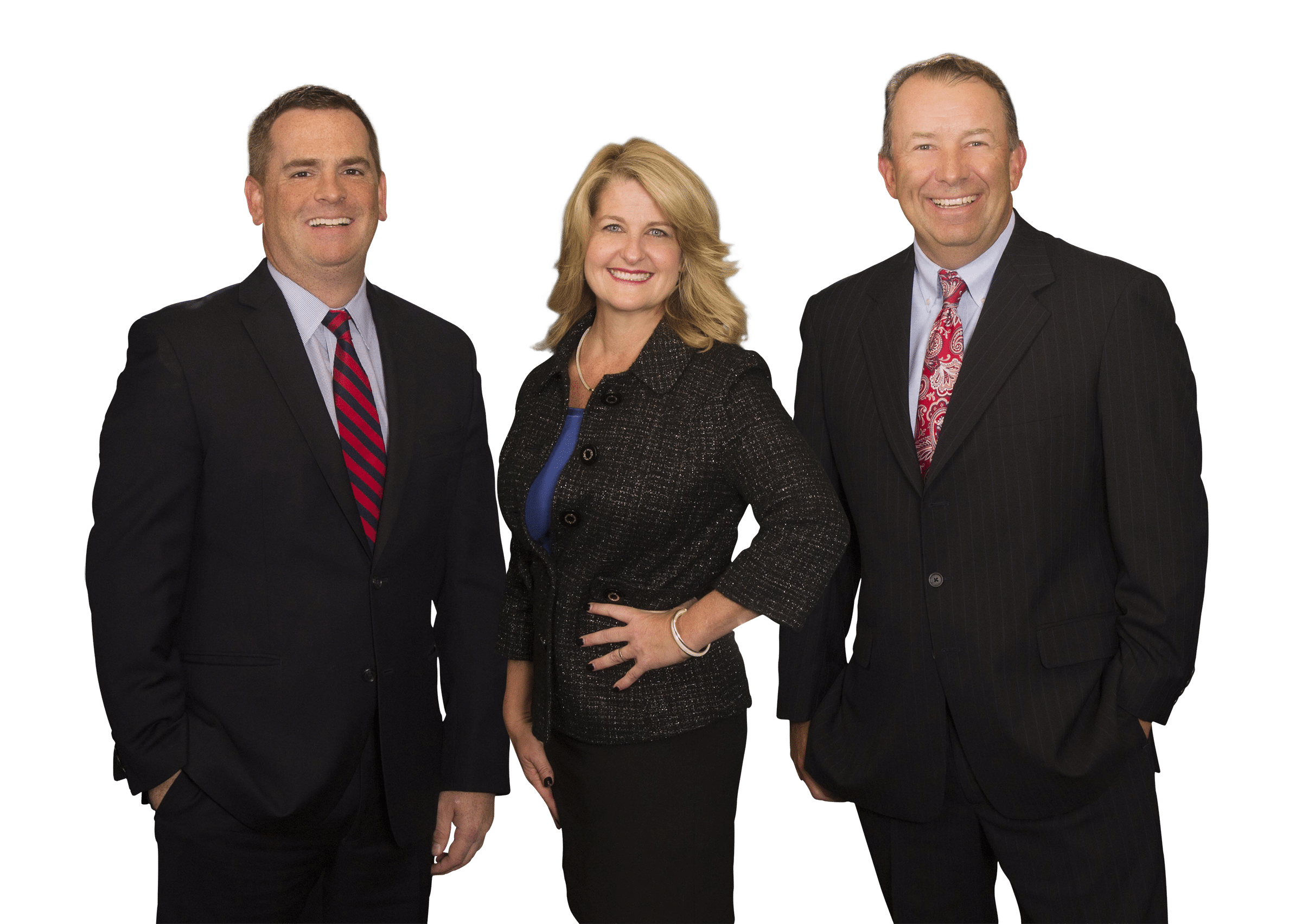 Three colleagues in business attire on a light gray background