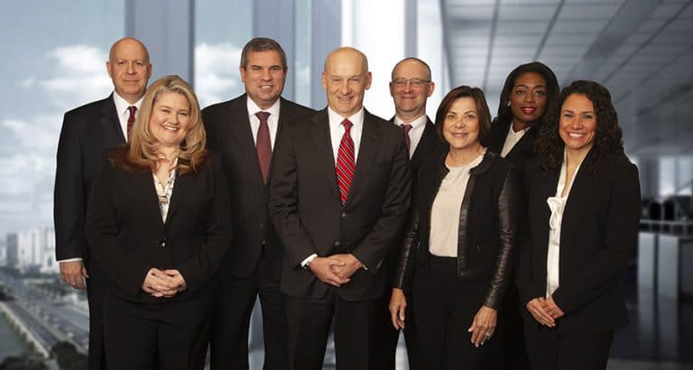 Corporate leadership group portrait with a skyline background